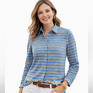 J McLaughlin Top Size Large Blue Chain Print Catalina Cloth Shirt Stretch Collar